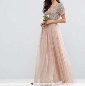 V Neck Maxi Tulle Dress with Tonal Delicate Sequin